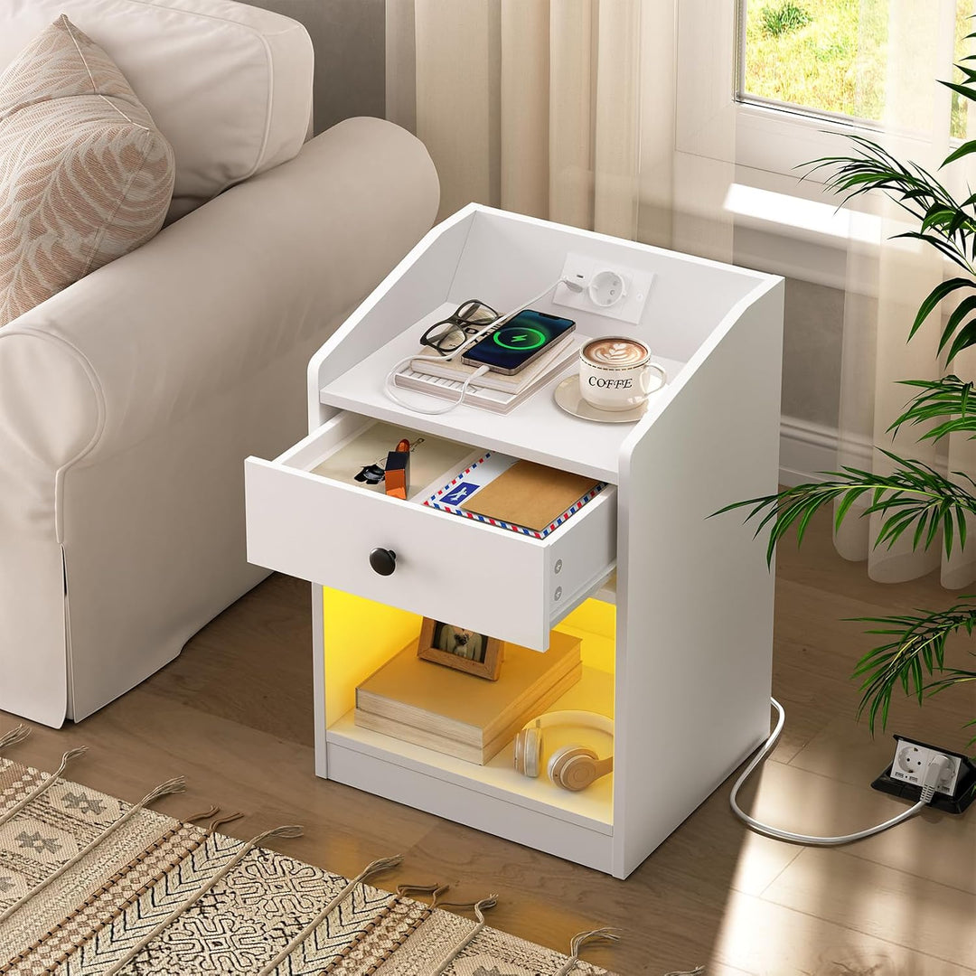 HOOBRO Nachttisch mit Ladestation und LED-Beleuchtung, schmaler Beistelltisch mit Schublade, moderne