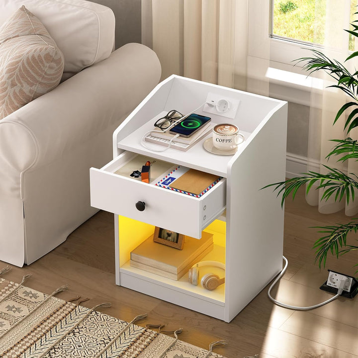 HOOBRO Nachttisch mit Ladestation und LED-Beleuchtung, schmaler Beistelltisch mit Schublade, moderne