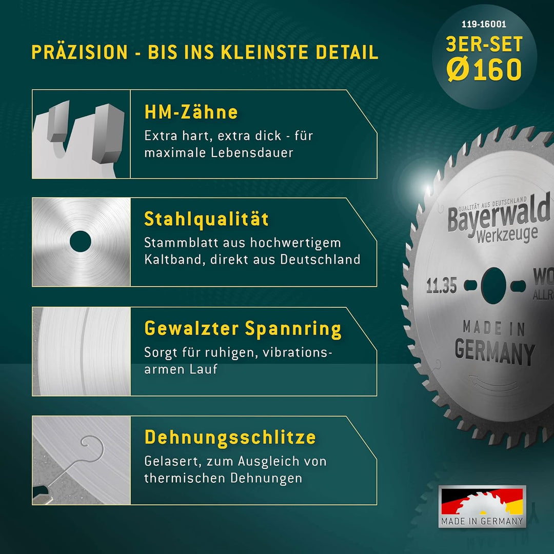 Bayerwald Kreissägeblatt Set Ø 160 (3 tlg.) - für NE-Metall &amp; Holz - geeignet für Tischkreissägen vo