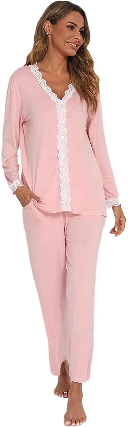 Jecarden Damen Schlafanzug mit Spitze Lang - Damen Pyjama Set Winter Langärmelig Nachtwäsche Zweitei