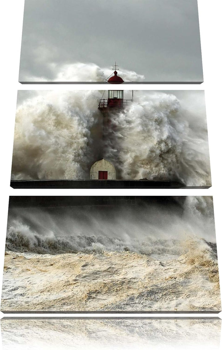 Pixxprint Leuchtturm im Sturm als Leinwandbild - Grösse: 3-Teilig (120x80cm) - Wandbild - Kunstdruck