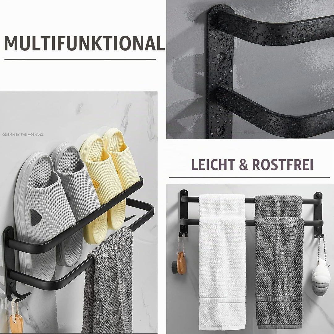 Badezimmer Handtuchhalter, Handtuchregal Schwarz Matt Handtuchstange mit Handtuchhaltern und Haken-D