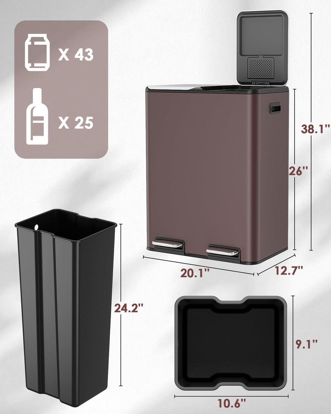 LIFERUN Mülleimer 2 Fächer, 2 x 30 Liter Treteimer mit Geruchsfilter, Deckel Geräuschlos, Inneneimer