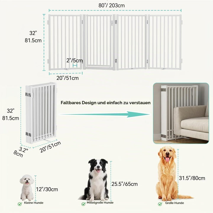 COMOMY Metall Hundegitter Freistehend mit Tür, 203cm Extra Breit Absperrgitter Hund Wohnung, 81cm Ho