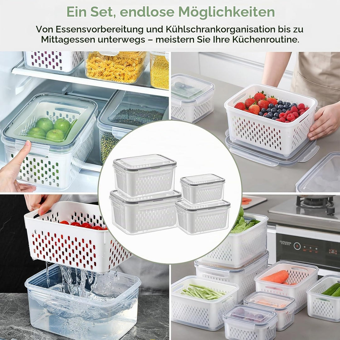 4 Stüke Kühlschrank Organizer set, Frischhaltedosen mit Deckel Ablaufkorb