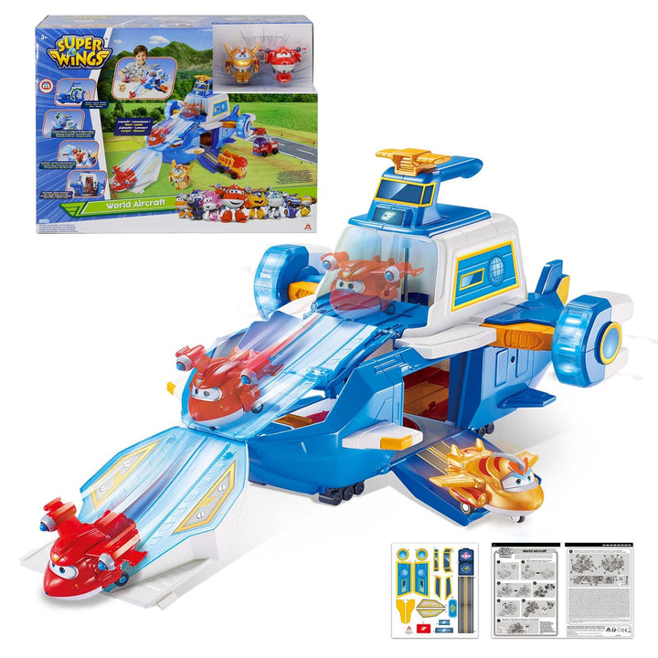 Super Wings Spielset Airport World Aircraft + 2 Spielflugzeug- und Transform-a-Bots-Figuren aus Staf