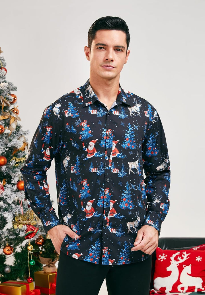 HISDERN Weihnachtshemden für Herren, langärmelig, Button-Down-Shirt, Urlaub, lustige Weihnachts-Shir
