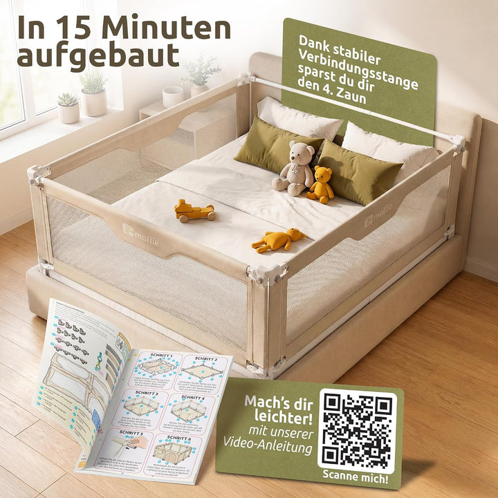 Mallie® Rausfallschutz Boxspringbett 200x200cm Elternbett Beige | 3-seitiges Set mit MALLIEFIX 2.0 C