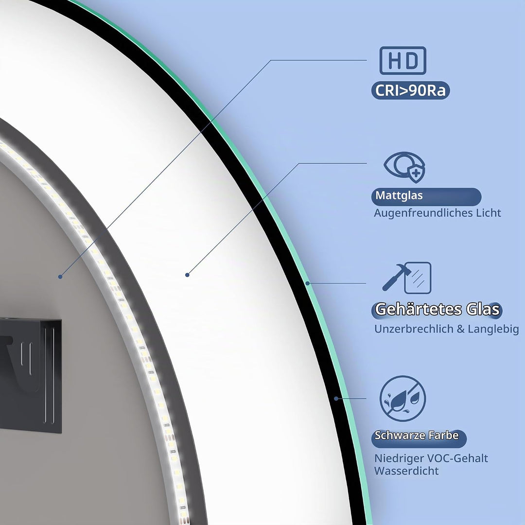 STARLEAD Rund Badspiegel-mit-Beleuchtung 80cm, Asymmetrischer-Spiegel mit Bluetooth, Dimmbar, 3 Lich