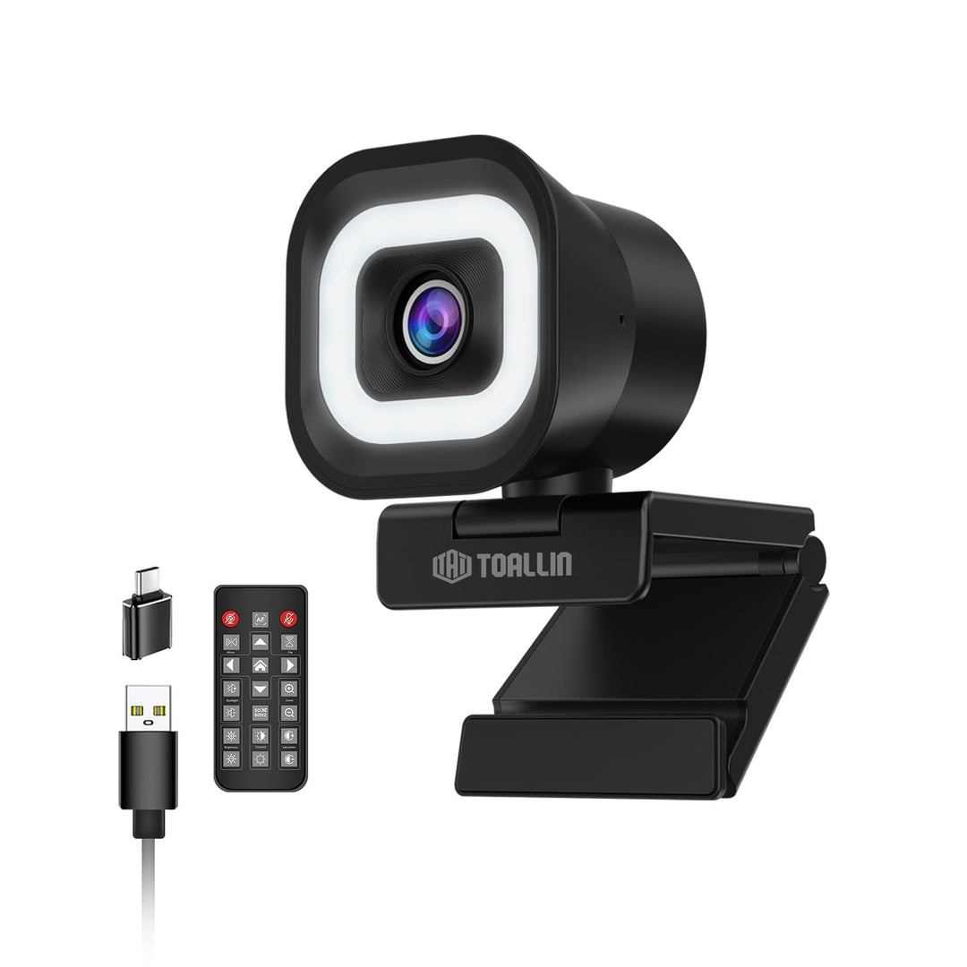 TOALLIN 4K-Webcam mit Ringlicht, Fernbedienung, PDAF-Autofokus, 1/2,5-Zoll-Sensor und 12 MP, integri