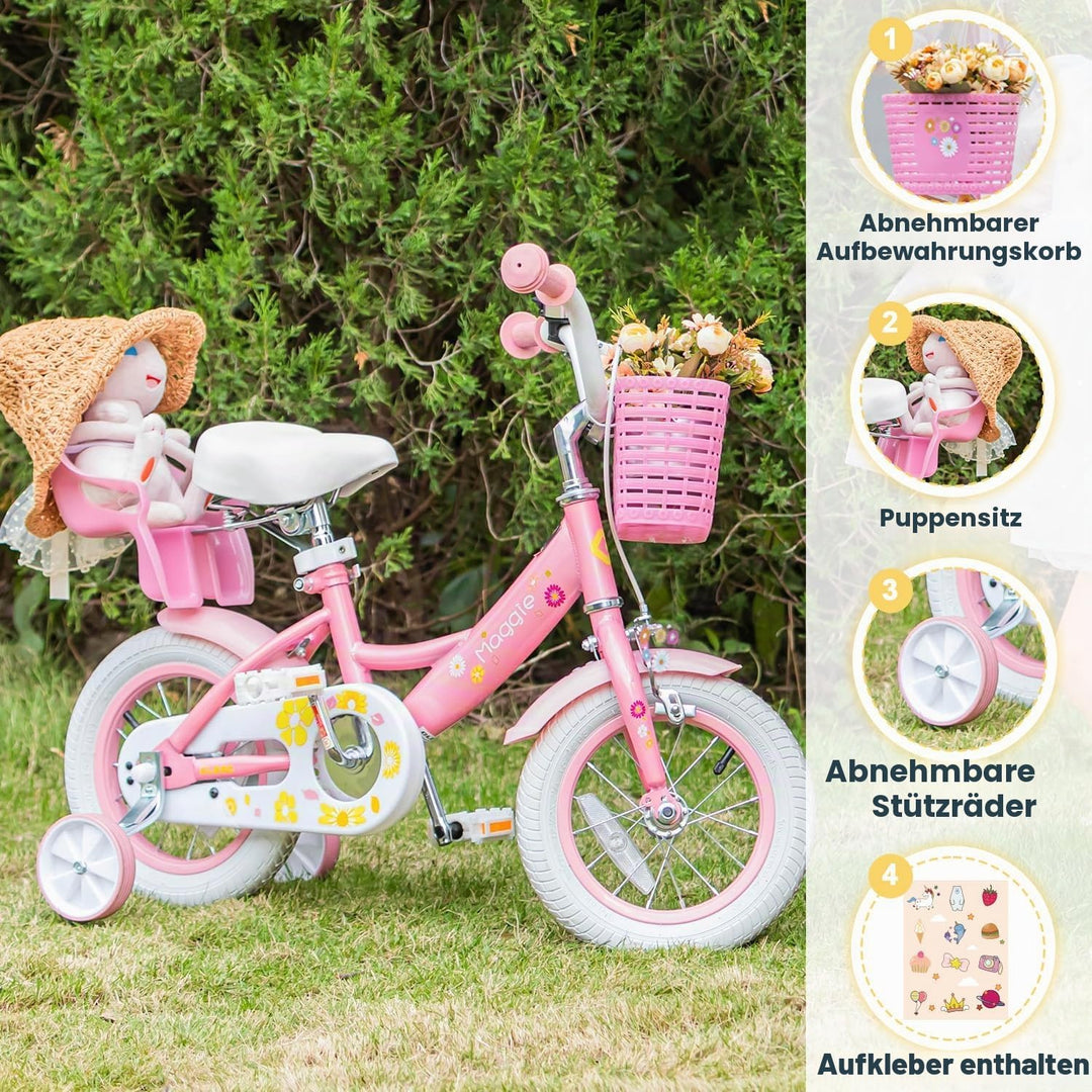 Glerc Maggie 12 14 16 Zoll KinderFahrrad für 2-7 Jahre Mädchenfahrrad alt mit Puppe-Sitz &amp; Stützräde