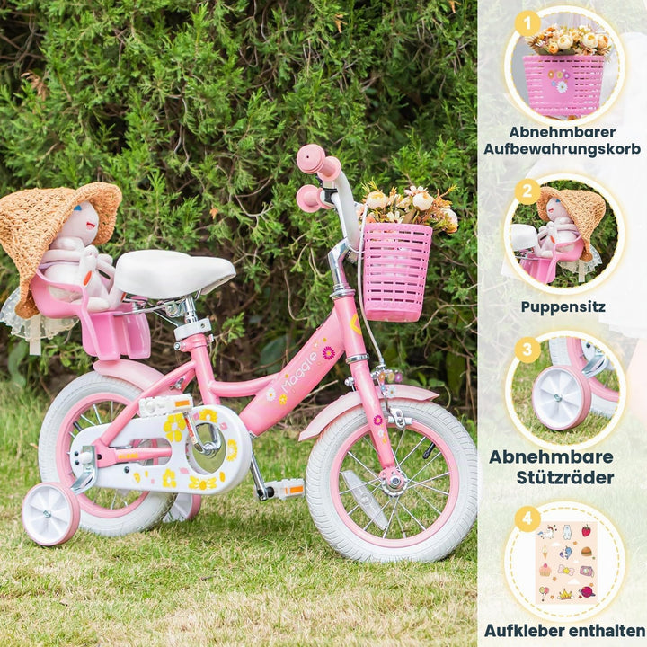 Glerc Maggie 12 14 16 Zoll KinderFahrrad für 2-7 Jahre Mädchenfahrrad alt mit Puppe-Sitz &amp; Stützräde