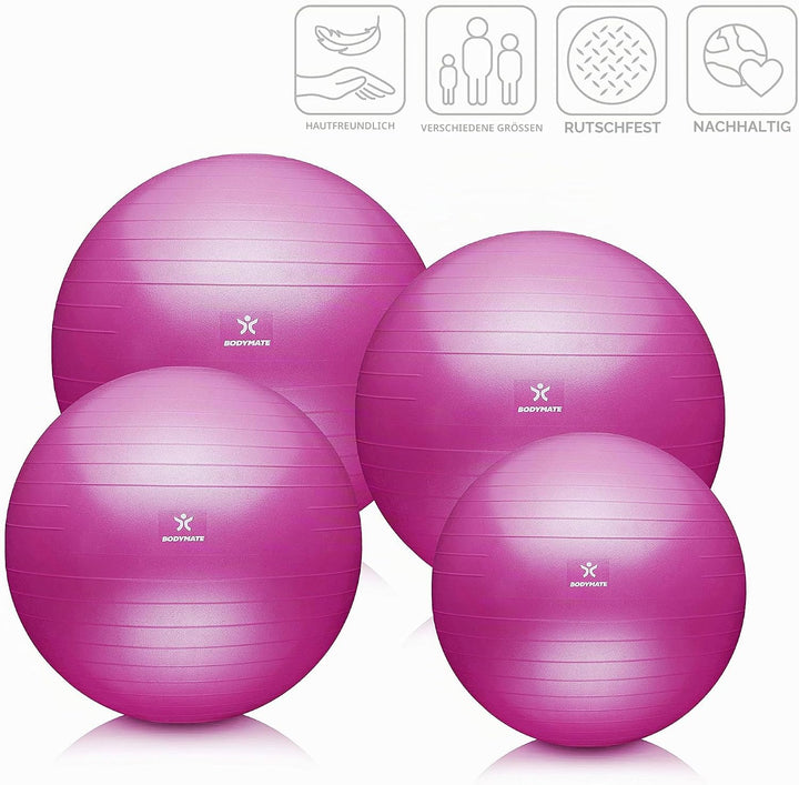BODYMATE Gymnastikball Sitzball Trainingsball mit GRATIS E-Book inkl. Luft-Pumpe, Ball für Fitness,