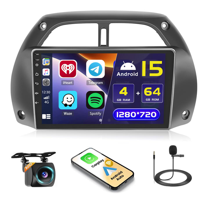 Hikity 4+64GB Android 15 Autoradio für Toyota RAV4 2001-2006 Mit Wireless Carplay Android Auto, 9 Zo