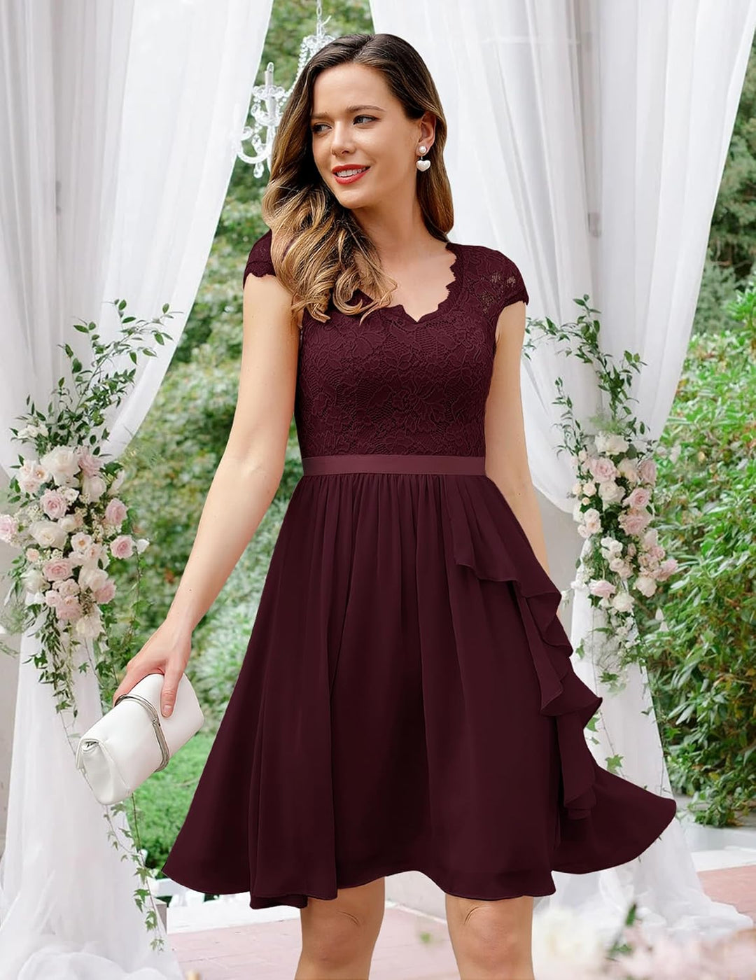 Wedtrend Cocktailkleid Damen Knielang Abendkleid Elegant für Hochzeit Elegant A Linie Rüschenkleid B