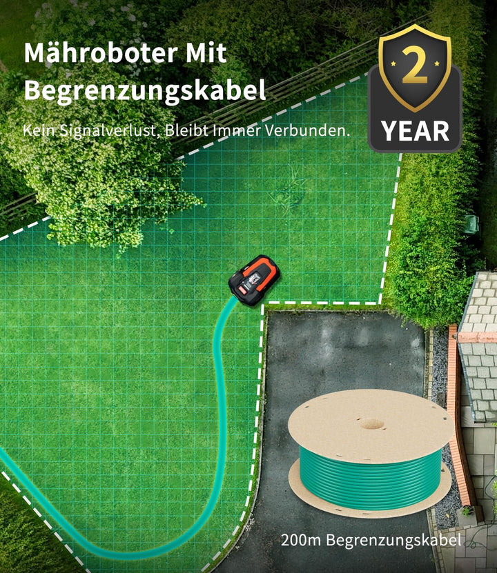 Mähroboter mit Begrenzungskabel 200 m für bis zu 1400 qm², Rasenmäher mit 47% Steigung, 22cm Schnitt