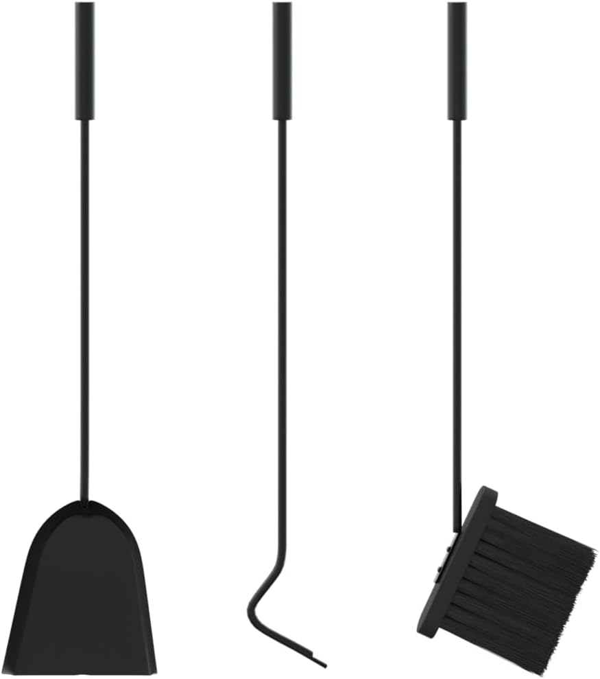 Kaminbesteck-Set 4-teilig Stahl schwarz mit Haken Besen Schaufel für Holz- und Pelletofen sichere Fe