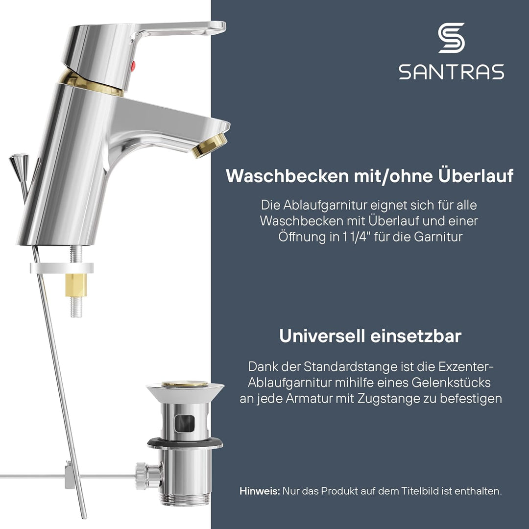 SANTRAS® Exzenter Ablaufgarnitur PREMIUM für Waschtisch mit Schutz vor Überlauf in Chrom/Edelmessing