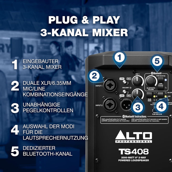 ALTO TS408 2000 Watt 8-Zoll Aktiver PA-Lautsprecher mit 3-Kanal Mixer, Bluetooth Streaming, Drahtlos
