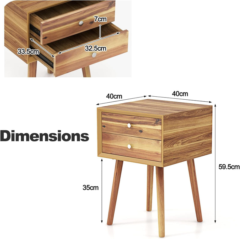 KOMFOTTEU Nachttisch mit Beinen aus Massivholz, Nachtschrank mit 2 Schubladen, skandinavisches Beist