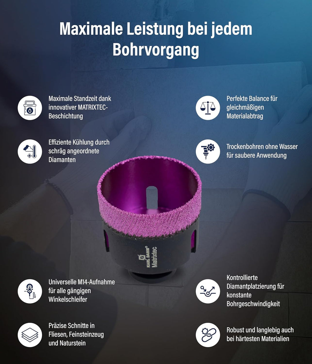 Karl Dahm MATRIXTEC Diamant-Trockenbohrkrone Ø 65 mm I Fliesenbohrer für Feinsteinzeug, Fliesen & Na