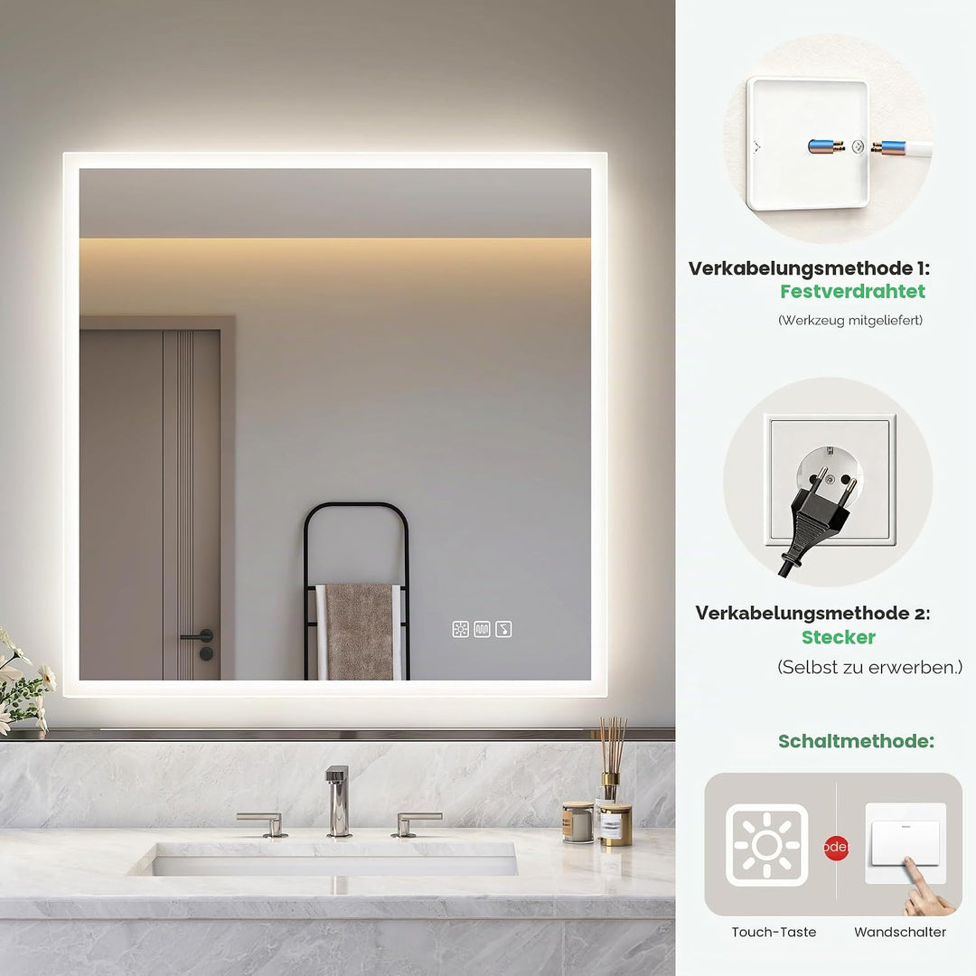S'bagno Badezimmer-Spiegel-mit-Beleuchtung 80x80cm, LED-Badspiegel-mit-Beleuchtung, Bluetooth, Entfo
