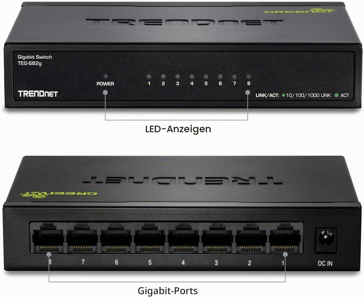 TRENDnet TEG-S82G 8-Port Gigabit GREENnet Switch, Ethernet Splitter, 10/100/1000 Mbps, Lüfterlos, 16