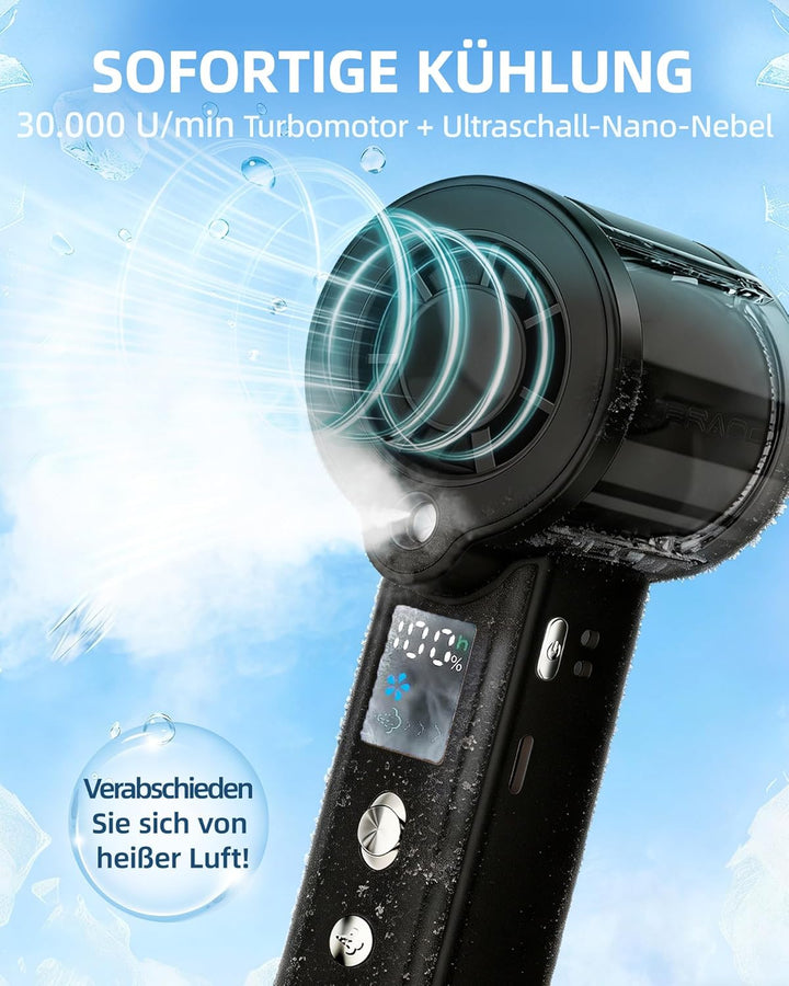 Handventilator mit Wasserkühlung, 30000 U/min Mini Ventilator Akku 3000mAh, 1-100 Stufen Tragbarer V