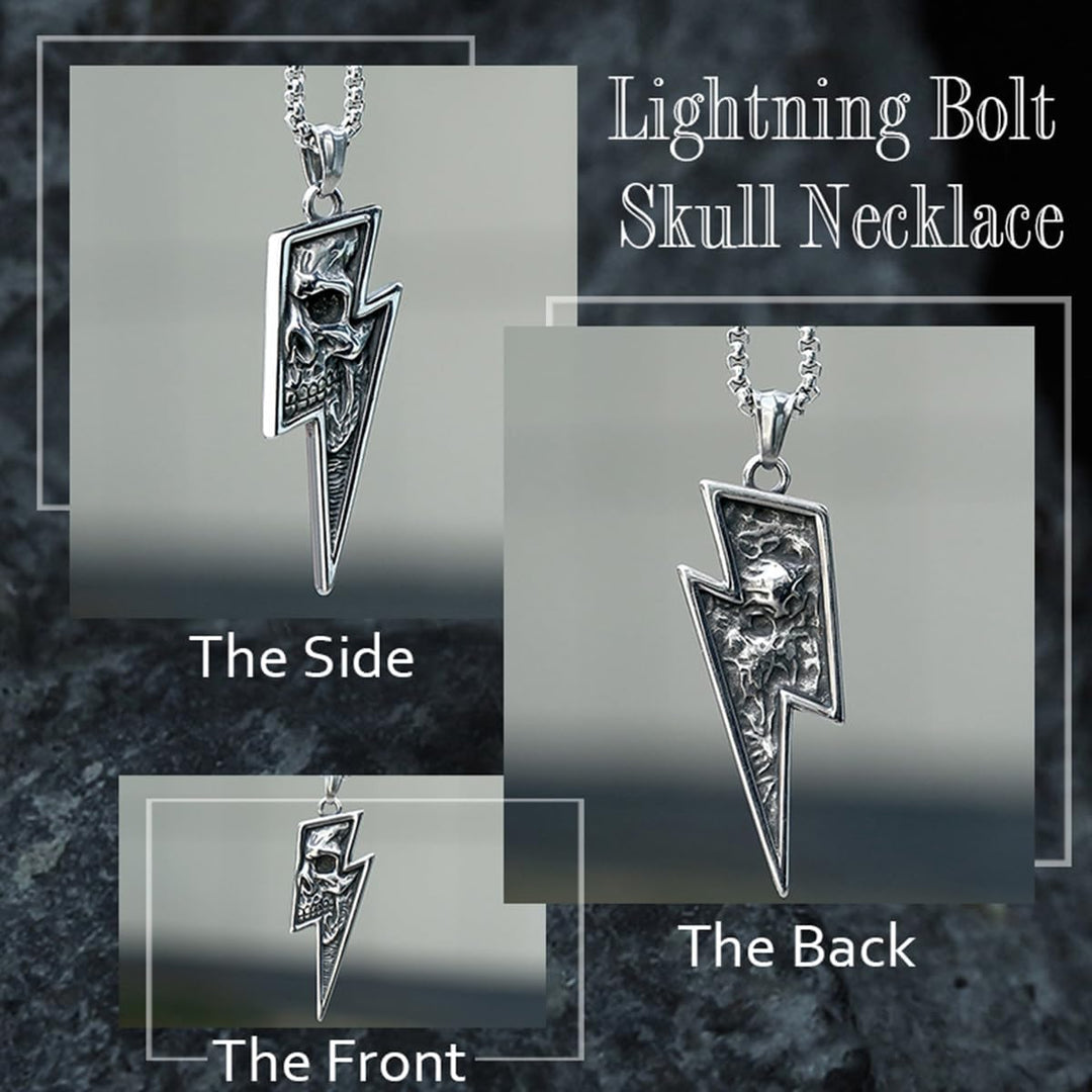 GTHIC Herren Edelstahl Retro Totenkopf Anhänger Halsketten Silber Gold Lightning Bolt Biker Schmuck
