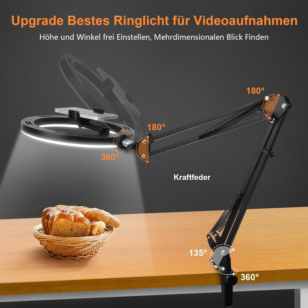 Evershop Ringlicht mit Stativ Handy Overhead,10” Ring Light mit Fernsteuerung Ringleuchte Flexibel S