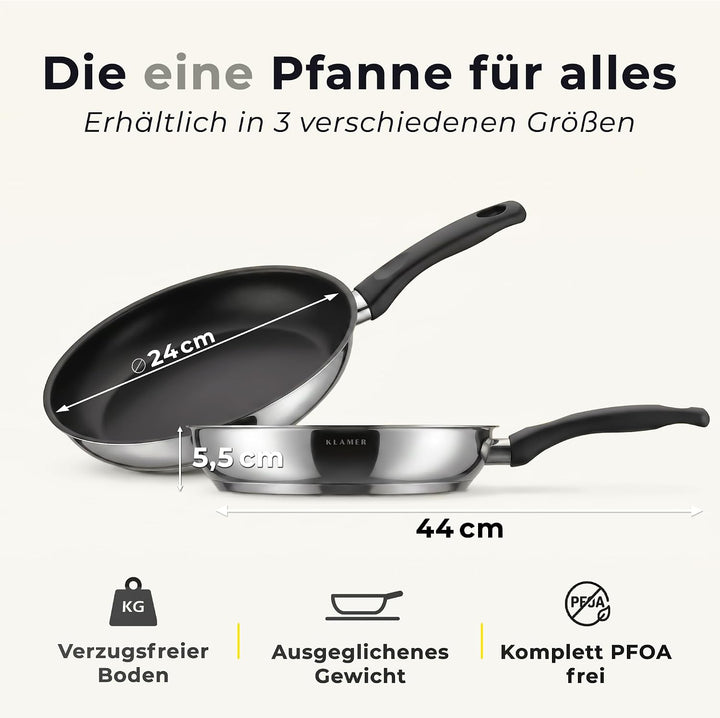 KLAMER Pfanne 24 cm, Profi Edelstahl-Bratpfanne, Induktionspfanne mit Premium Beschichtung, Pfanne 2