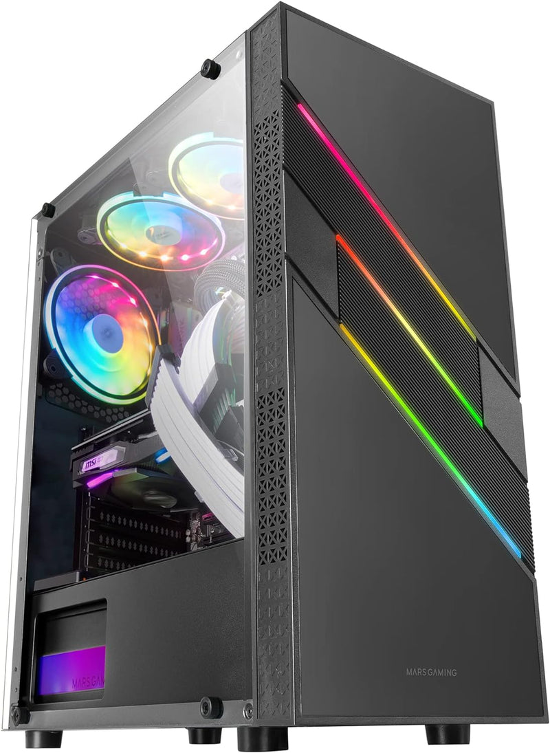 Mars Gaming MC-U3 Schwarz, PC ATX XL Gehäuse, Front Triple ARGB, 12cm Lüfter, Gehärtetes Glasfenster