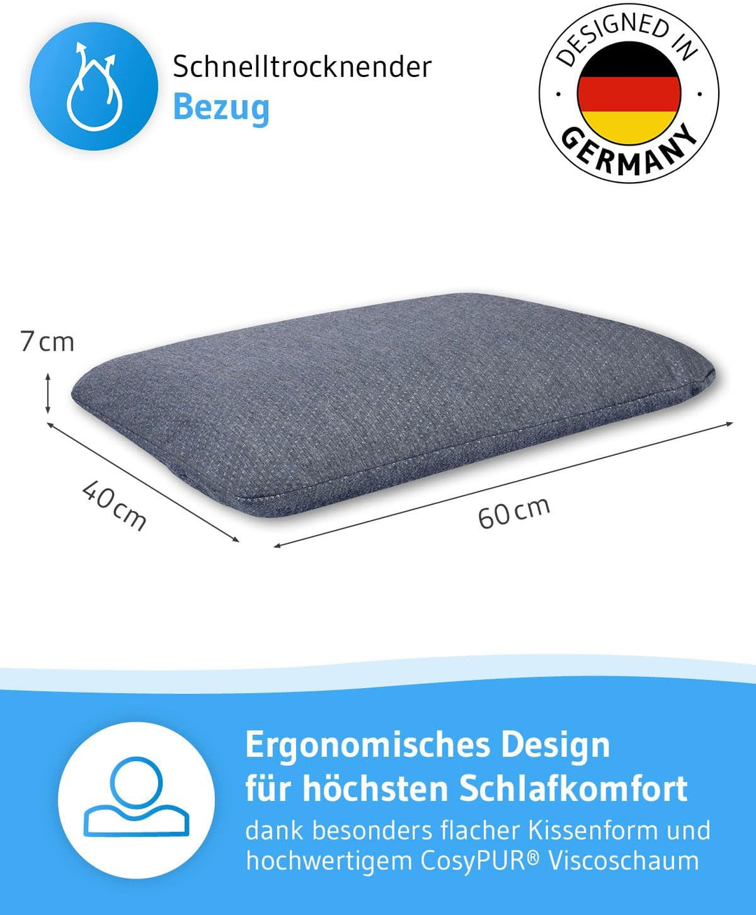 Bauchschläferkissen 40x60 MIZAR Quickdry, Flaches Kopfkissen für Bauchschläfer - 7 cm, Zertifizierte