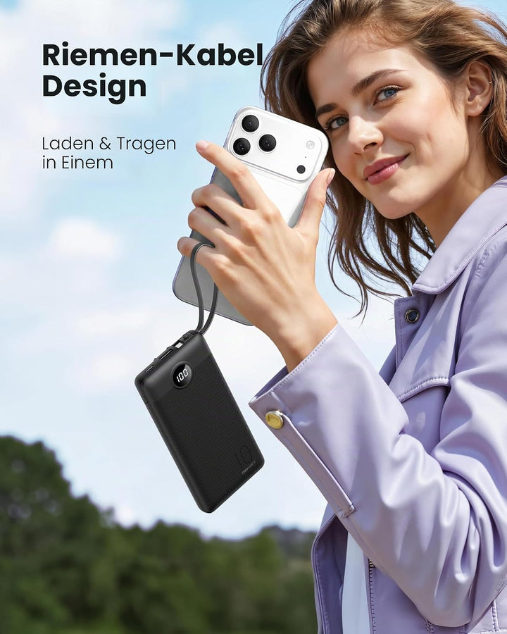 Power Bank mit Ladekabel, 10000mAh Tragbares Ladegerät USB C, 5 Ausgänge 2 Eingänge LED Display Exte