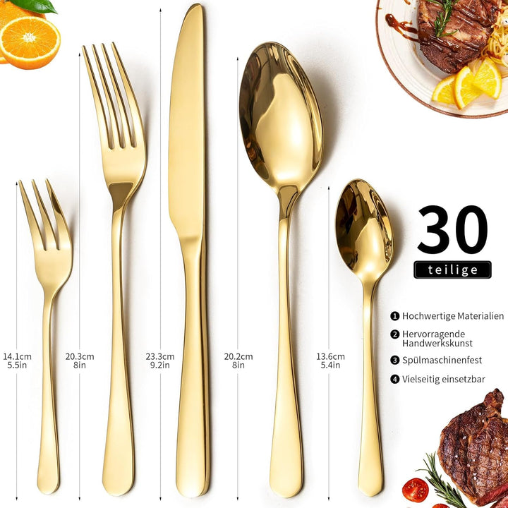 Besteck Set, Edelstahl Spiegelpoliert 30 teilig Besteckset für 6 Personen, Essbesteck Set mit Messer