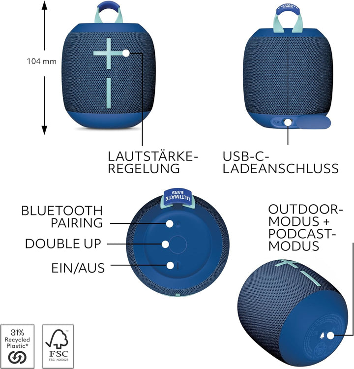 Ultimate Ears Wonderboom 4 – mobiler, wasserdichter Bluetooth-Lautsprecher mit satten Tiefen und 360