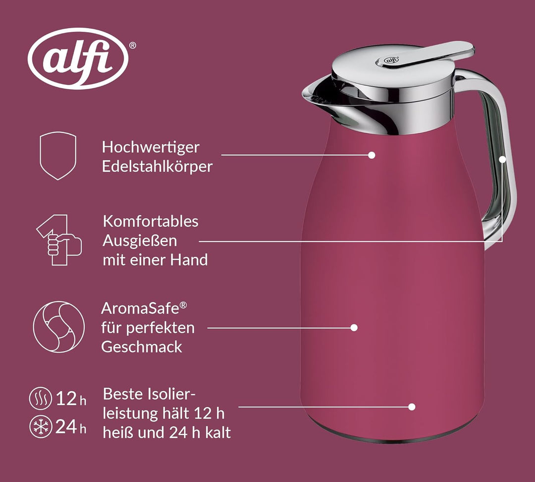 alfi SKYLINE 1,0l, deep rose, Edelstahl-Isolierkanne mit hygienischem Hartglaseinsatz, Drehverschlus