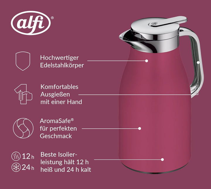 alfi SKYLINE 1,0l, deep rose, Edelstahl-Isolierkanne mit hygienischem Hartglaseinsatz, Drehverschlus