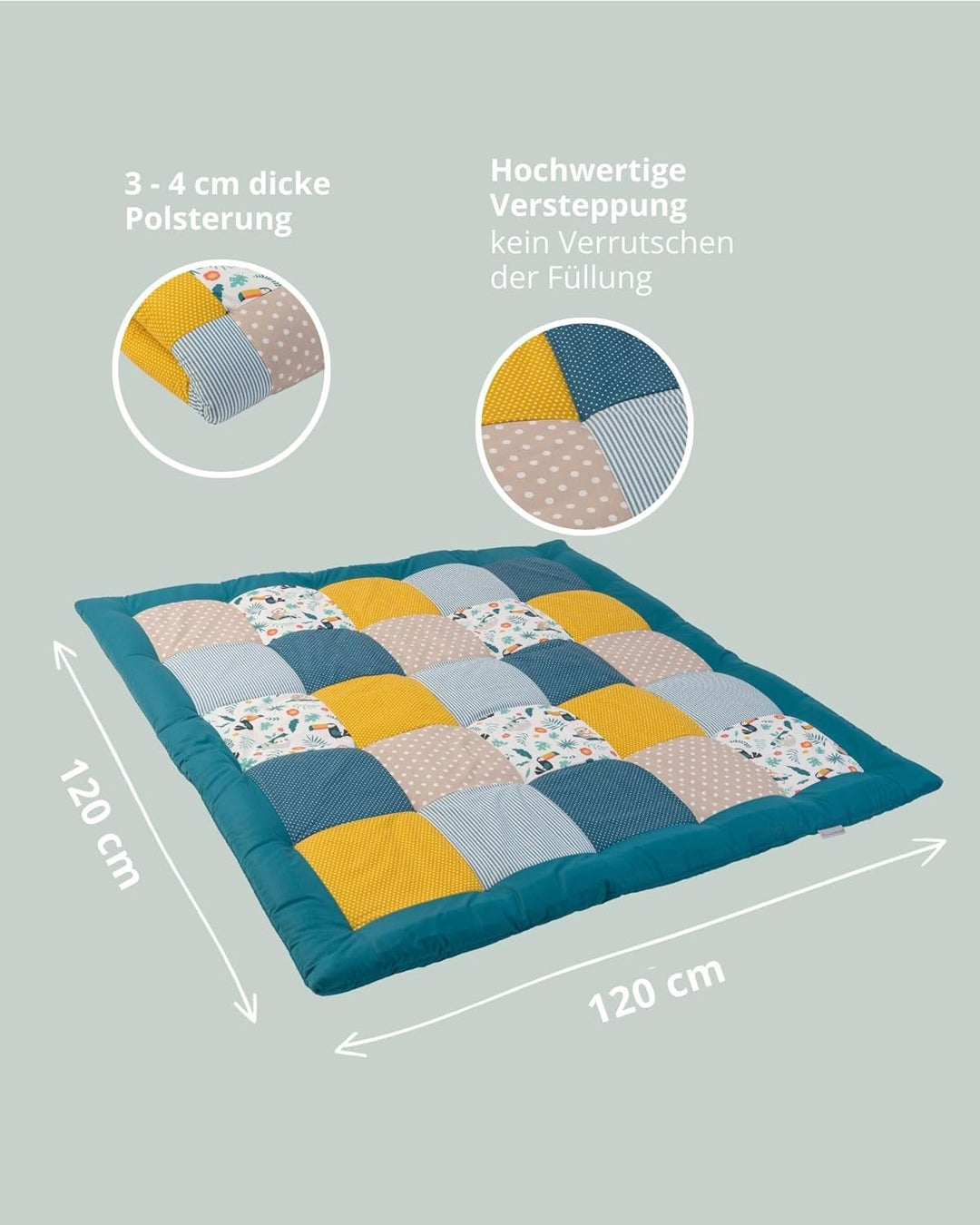 ULLENBOOM ® Baby Krabbeldecke 120x120 cm gepolstert Dschungel (Made in EU) - Krabbeldecke für Baby m