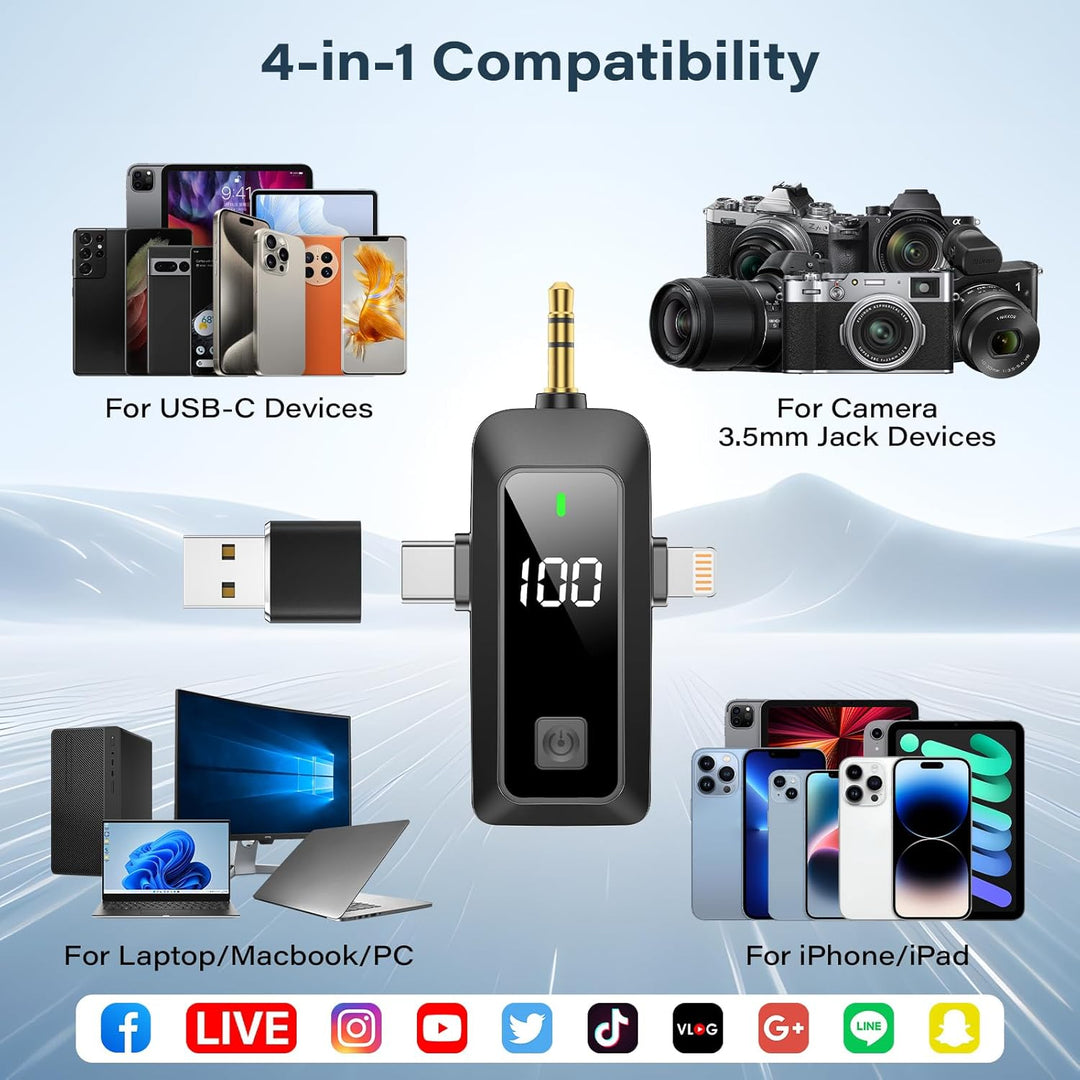 HMKCH Wireless Lavalier Mikrofon für Android Handy, iPhone, Kamera, PC, 4-in-1 Kabelloses Ansteckmik