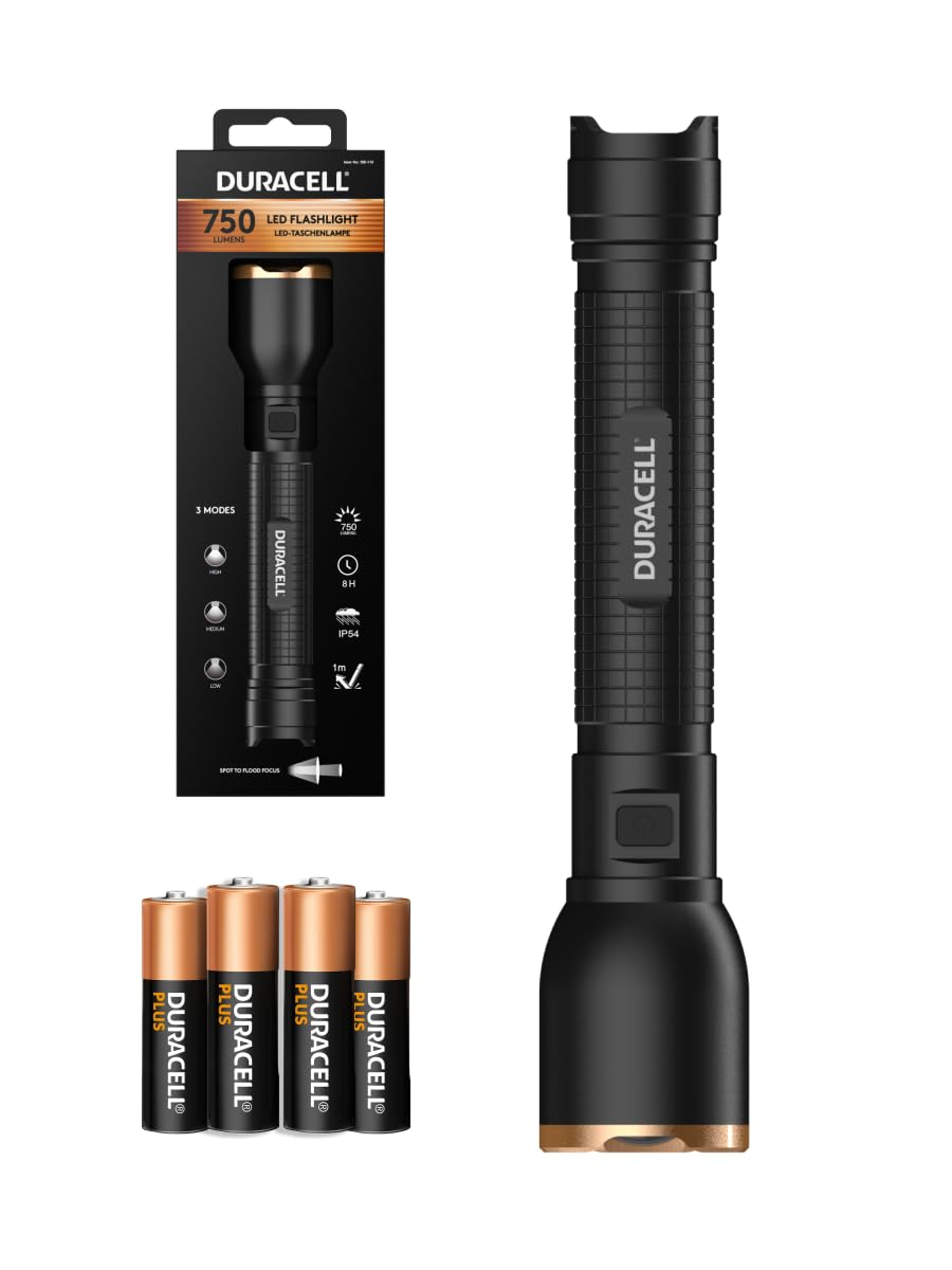 Duracell LED Taschenlampe DF750 Core – 750 Lumen, fokussierbar, 120m Leuchtweite, 4xAAA Batterien in