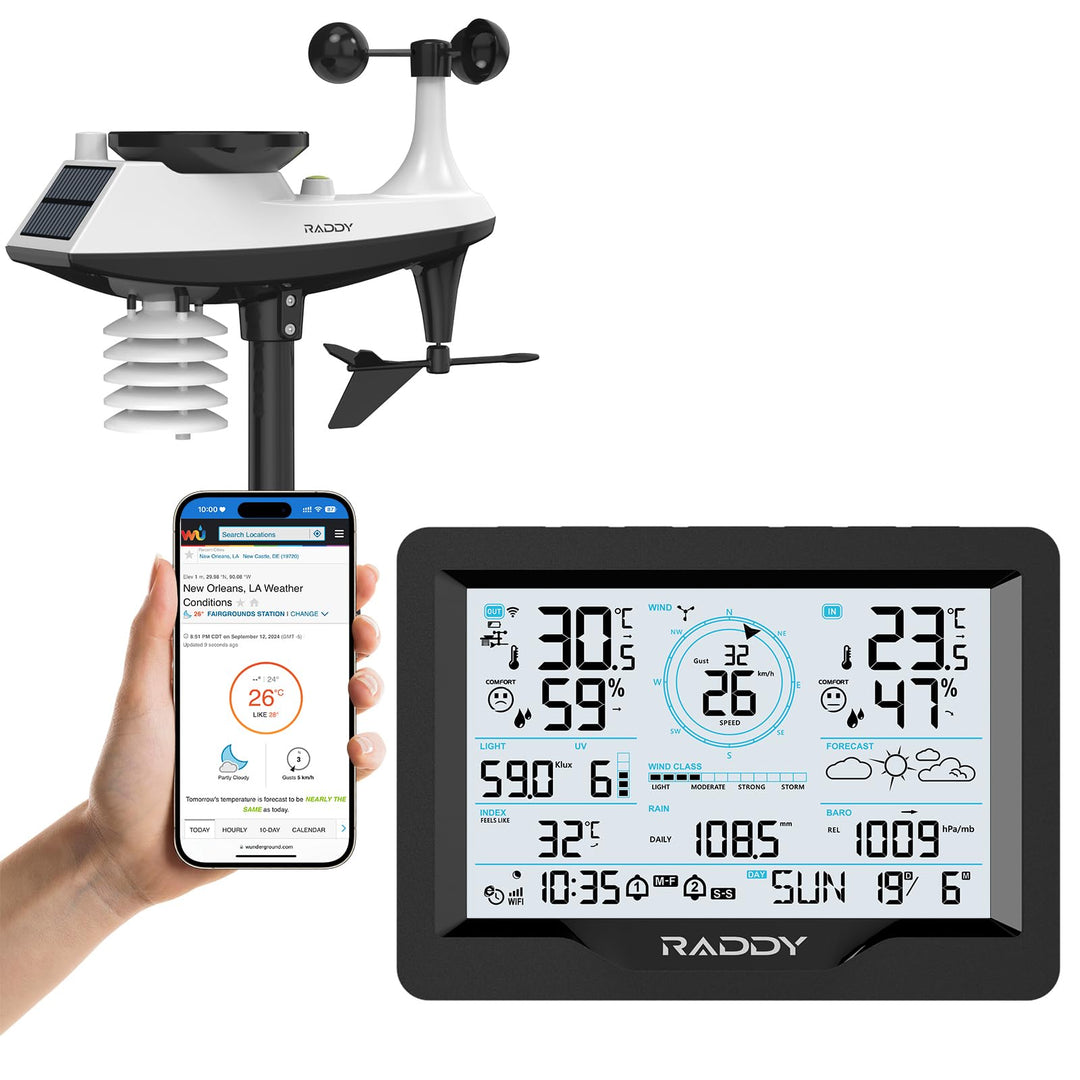 Raddy MN6 Wetterstation mit Aussensensor Funk, 15-in-1 Wlan Wetterstation, Temperatur-Feuchtigkeits-