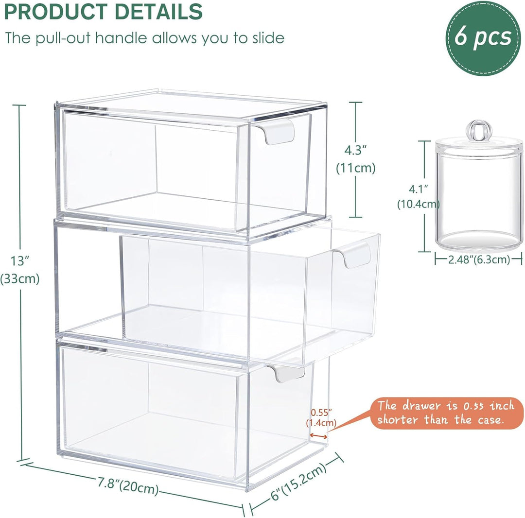 3Pack Stapelbare Aufbewahrungsschubladen mit 3 Qtip Halter,Transparente Acrylic Drawer Organiser mit