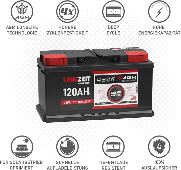 LANGZEIT 12V 120AH AGM Batterie Solarbatterie Wohnmobil Boot Solar Versorgungsbatterie 100Ah