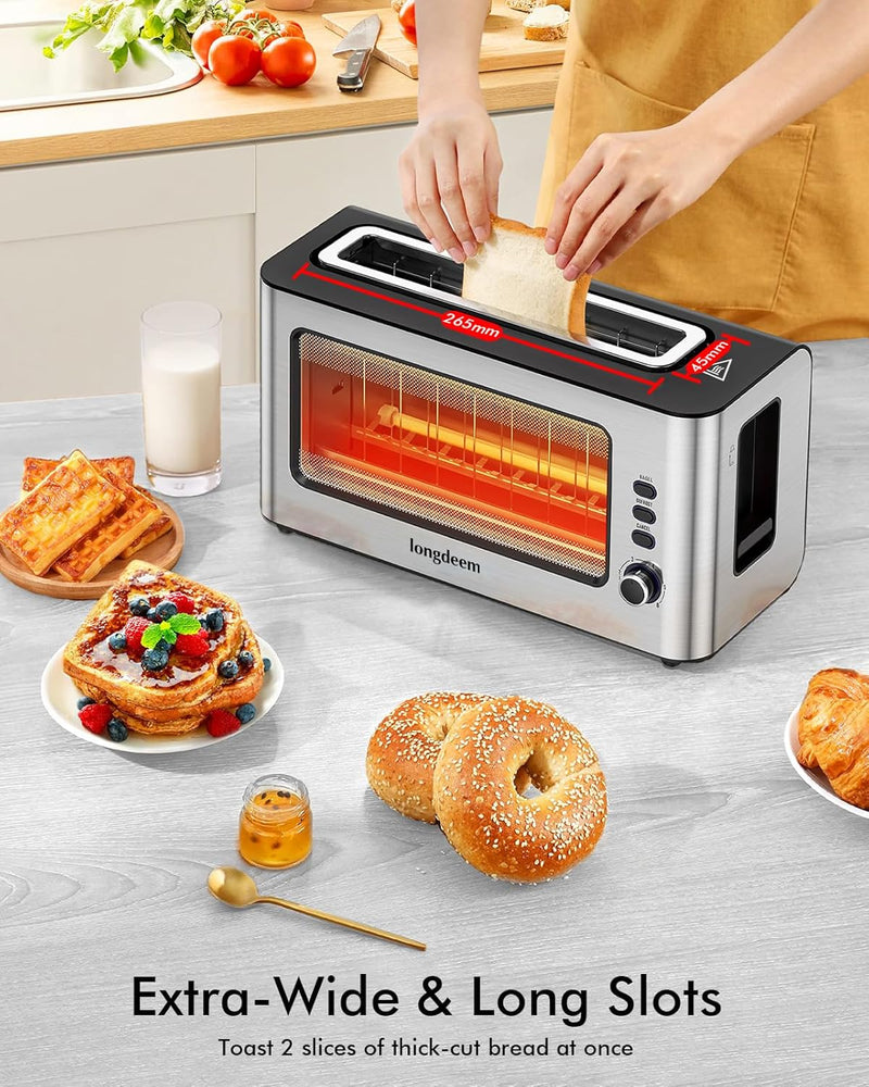 LONGDEEM 2 Slice Toaster 1.75" Extra Wide Slots, See-Through Window 6-Shade Settings & Reheat/Defros