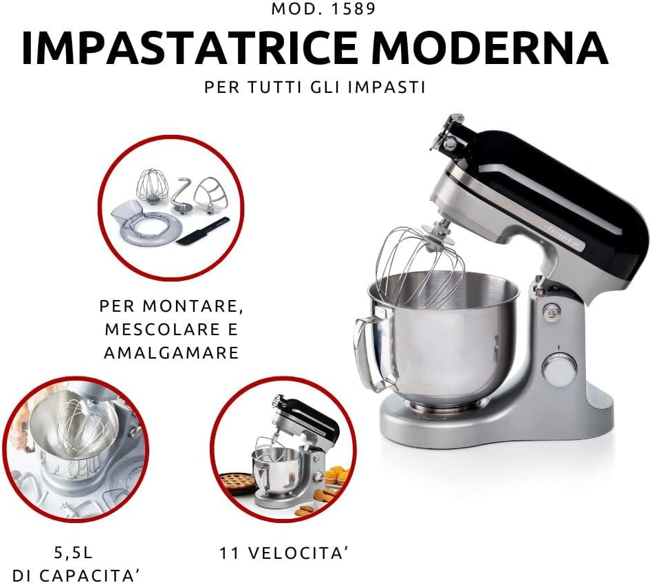 Ariete 1589 Moderna Planetaria Knetmaschine, 1600 Watt, 11 Geschwindigkeiten, 5,5 Liter, 3 Zubehörte