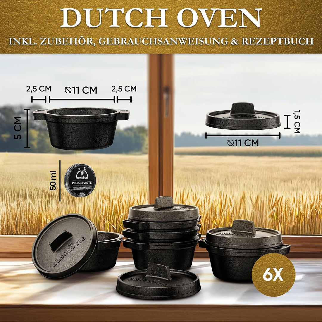 Mini Gusseisen Brotbackform Set–6x 300 ml Brotbacktopf mit Deckel–eingebrannte Mini Dutch Oven zum B