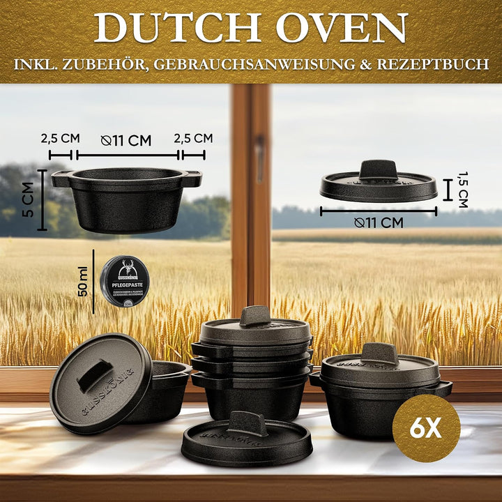 Mini Gusseisen Brotbackform Set–6x 300 ml Brotbacktopf mit Deckel–eingebrannte Mini Dutch Oven zum B