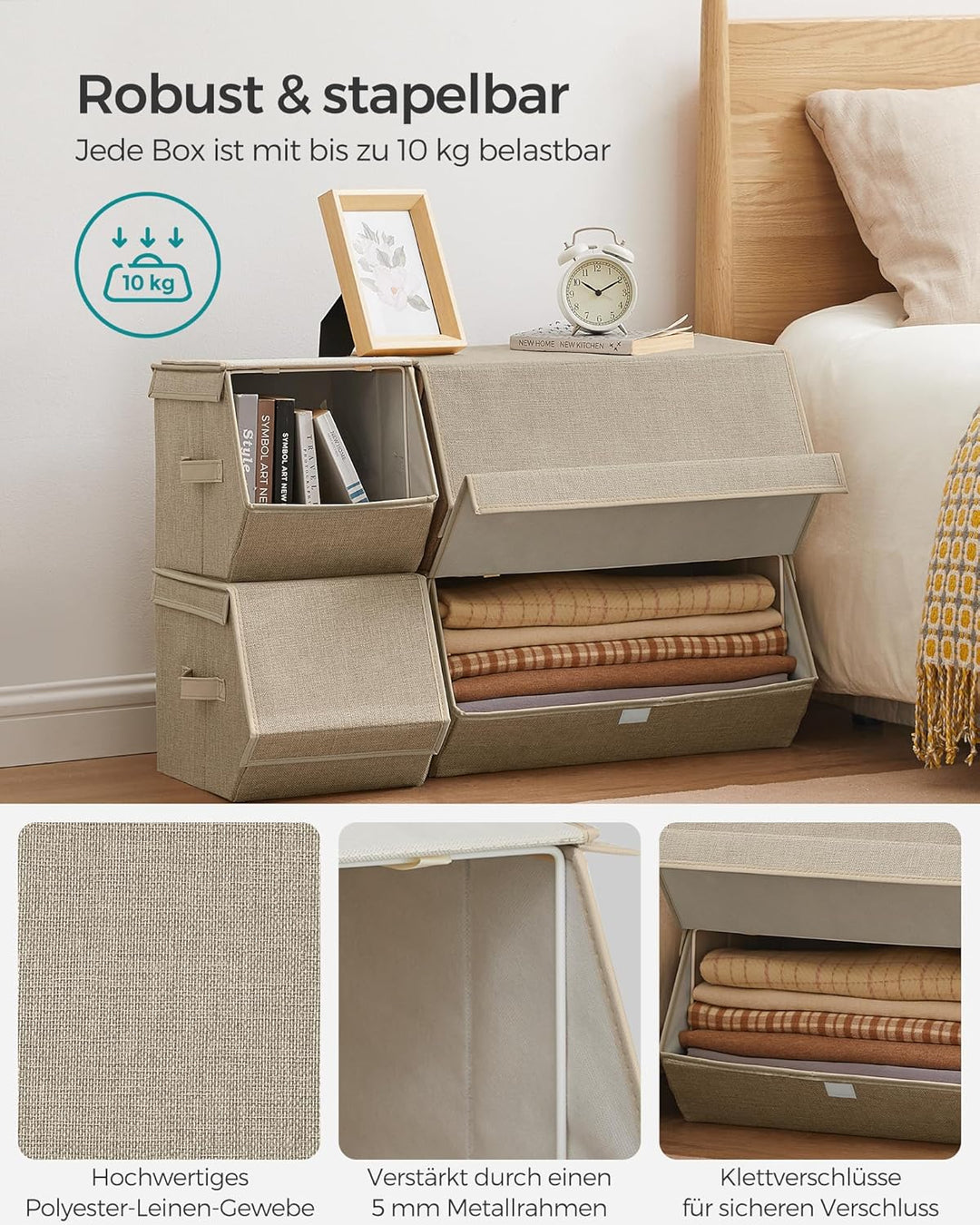 SONGMICS Aufbewahrungsbox mit Deckel, 4er Set Kleiderschrank-Organizer, stapelbar, Faltbox mit Magne