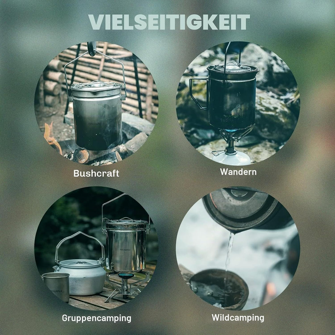 Fire-Maple Campingtopf Edelstahl Camping-Hängetasse mit Dampfkorb 1,2 l Lagerfeuer-Kaffeetasse mit F